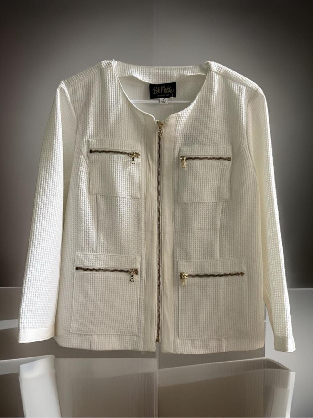 Bob Mackie Wearable Art Jacket Womens M White Textured Gold Zip NWT Vintage